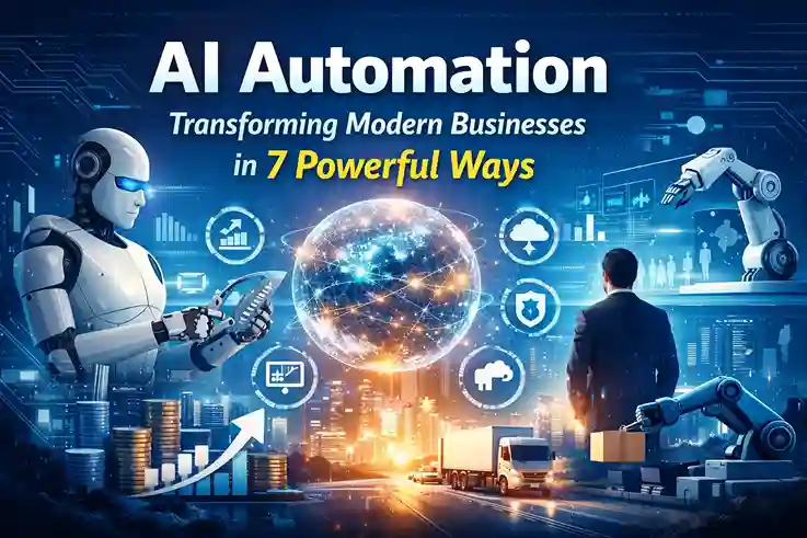 AI Automation transforming modern businesses through intelligent systems, digital networks, robotics, and data-driven operations
