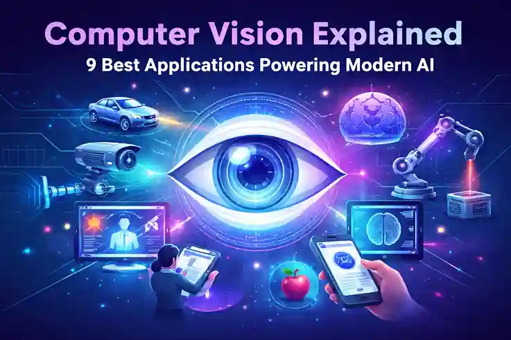 Computer Vision illustration showing AI-powered applications like image recognition, automation, robotics, healthcare, and smart technologies