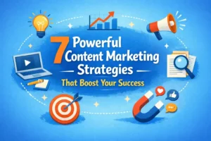 Content Marketing strategies feature image with icons representing growth, video, target, and social engagement.