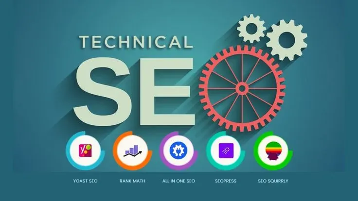 Technical SEO concept with gears and popular SEO tool icons