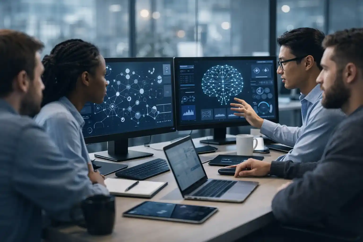 AI and machine learning development team collaborating on data analytics and neural network workflows in a modern corporate tech office.