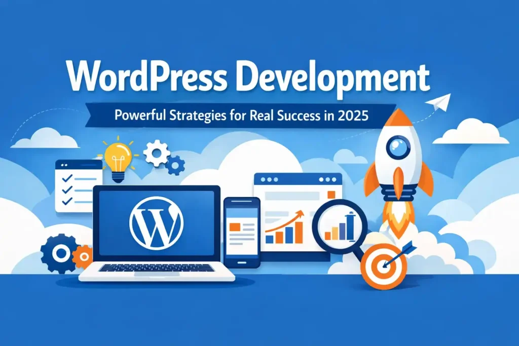WordPress Development illustration with website optimization and business growth concepts