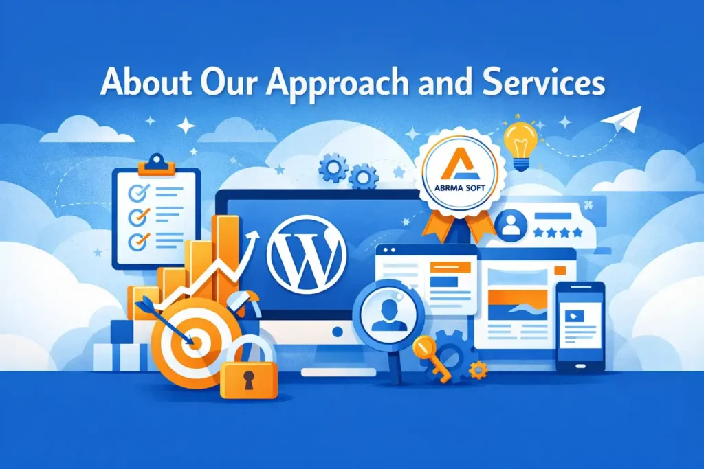 WordPress Development with laptop, charts, and service icons