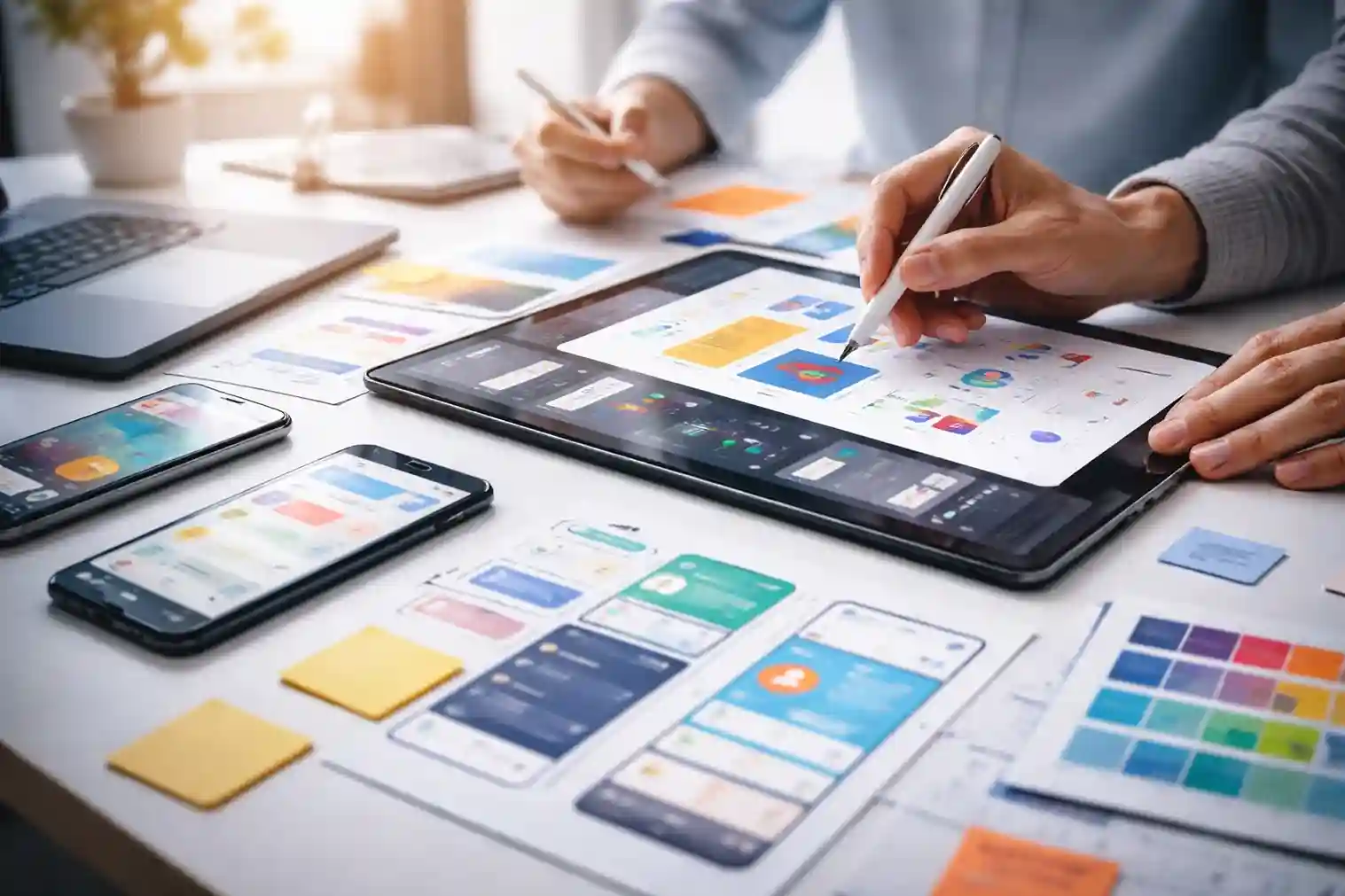 Design professionals collaborating on UI and UX layouts using tablets and mobile devices, reviewing interface elements, wireframes, and visual components for a modern digital product design project.