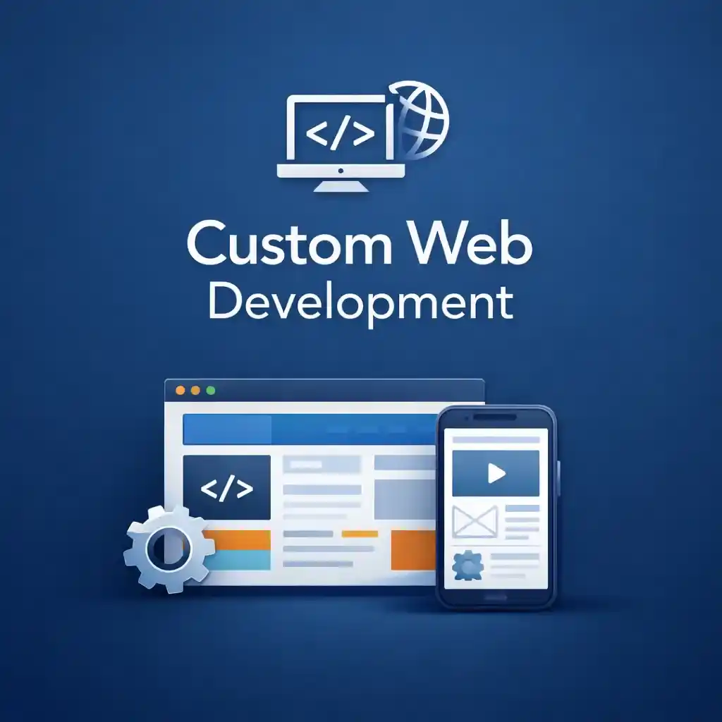 Illustrated visual showing custom web development concepts with desktop and mobile screens, code symbols, interface layouts, and system elements representing tailored website and application development across devices.
