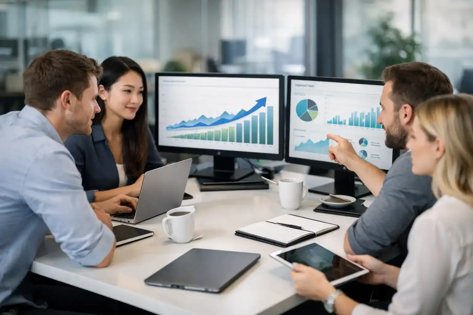 Professional SEO team collaborating in a modern digital marketing office with analytics dashboards and growth charts