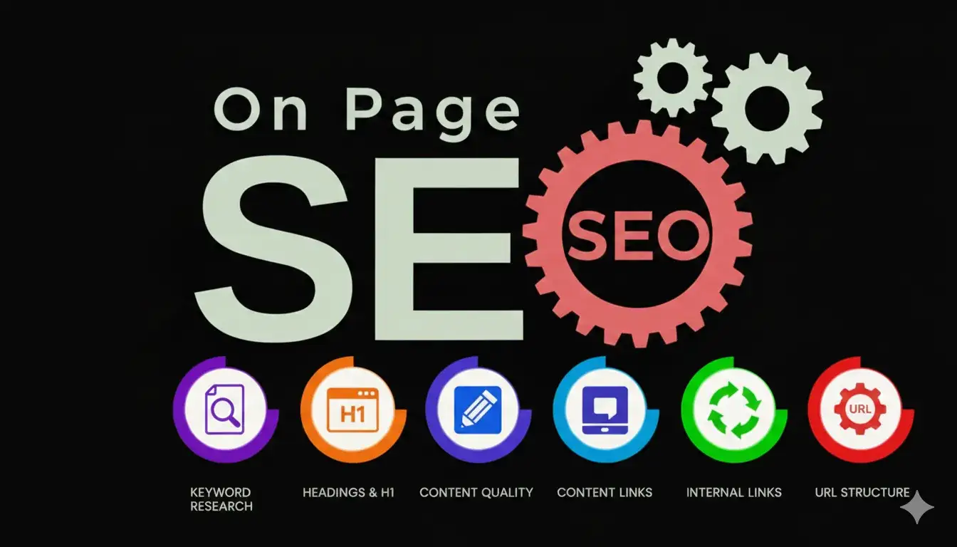 On-page SEO elements including keywords, headings, content quality, links, and URL structure