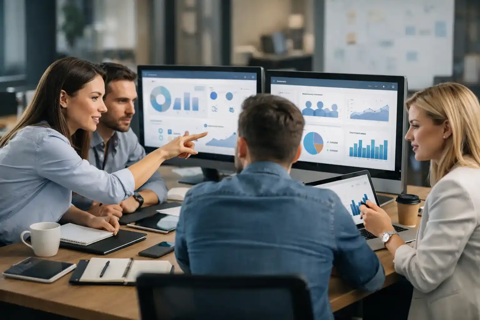 A professional digital marketing team collaborating in a modern office, reviewing campaign performance, audience analytics, and engagement metrics on large screens.