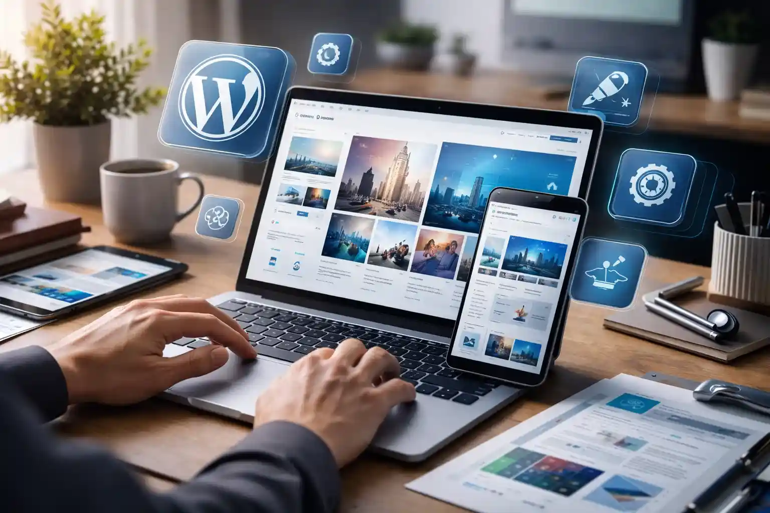 A developer working on a WordPress website using a laptop and mobile device, managing layouts, media content, and site features in a modern workspace with WordPress-related tools and settings visible.