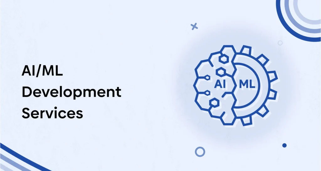 AI/ML development services illustration with gear and neural network icons