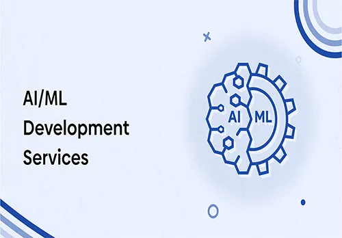 AI/ML development services banner with a blue gear-and-circuit icon labeled AI/ML on a light background.