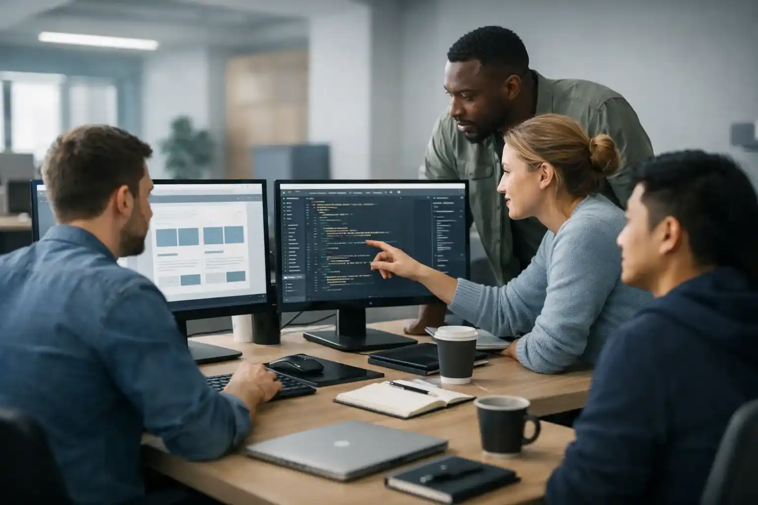 Professional web development team collaborating on website design and code in a modern corporate office environment.