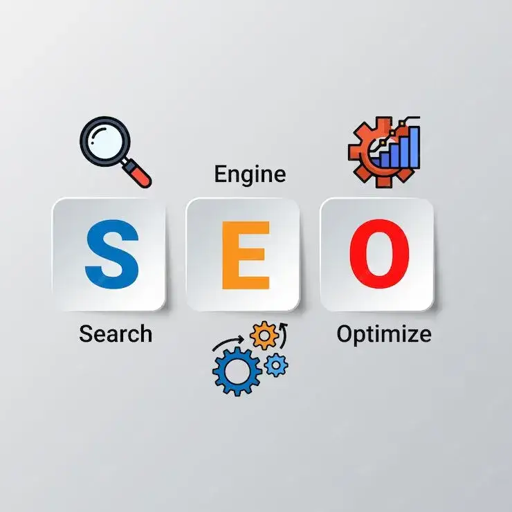SEO concept with Search, Engine, and Optimize icons.
