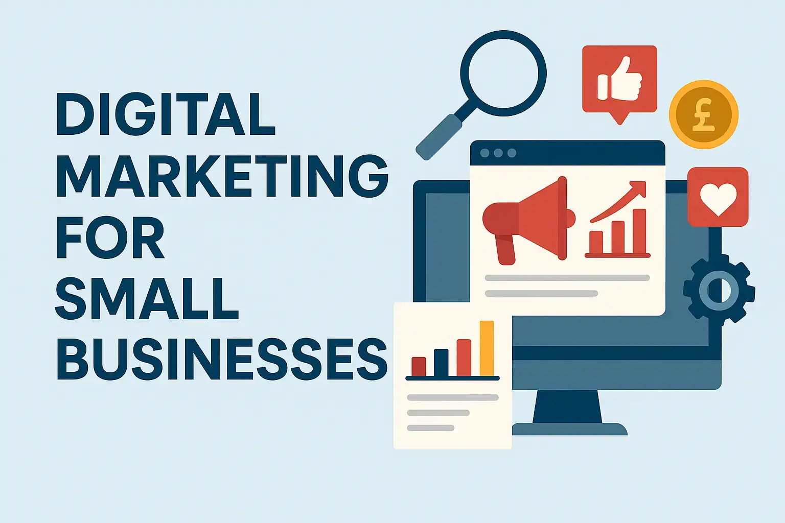 Digital marketing for small businesses illustration with computer, charts, megaphone, and growth icons